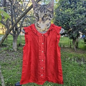 J.Crew Bright Red Silk Sleeveless Ruffled Button-Up Shirt